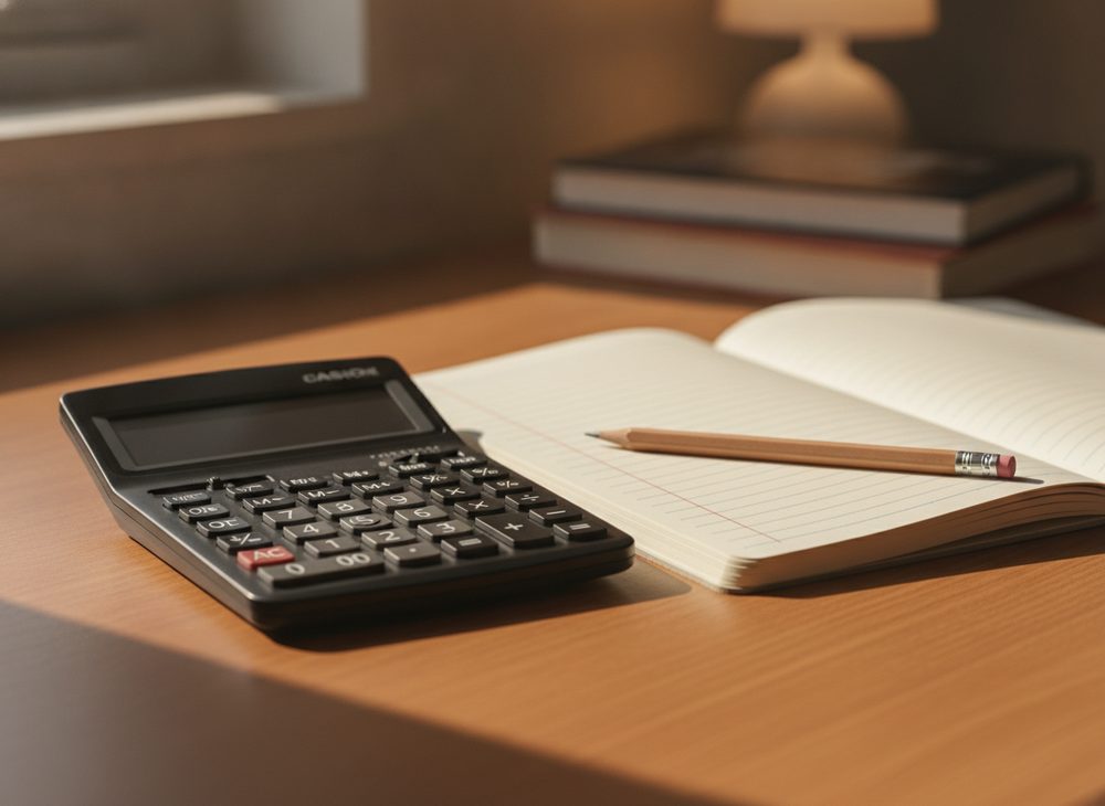 Calculatrice scientifique posée sur un cahier ouvert, à côté d'un crayon