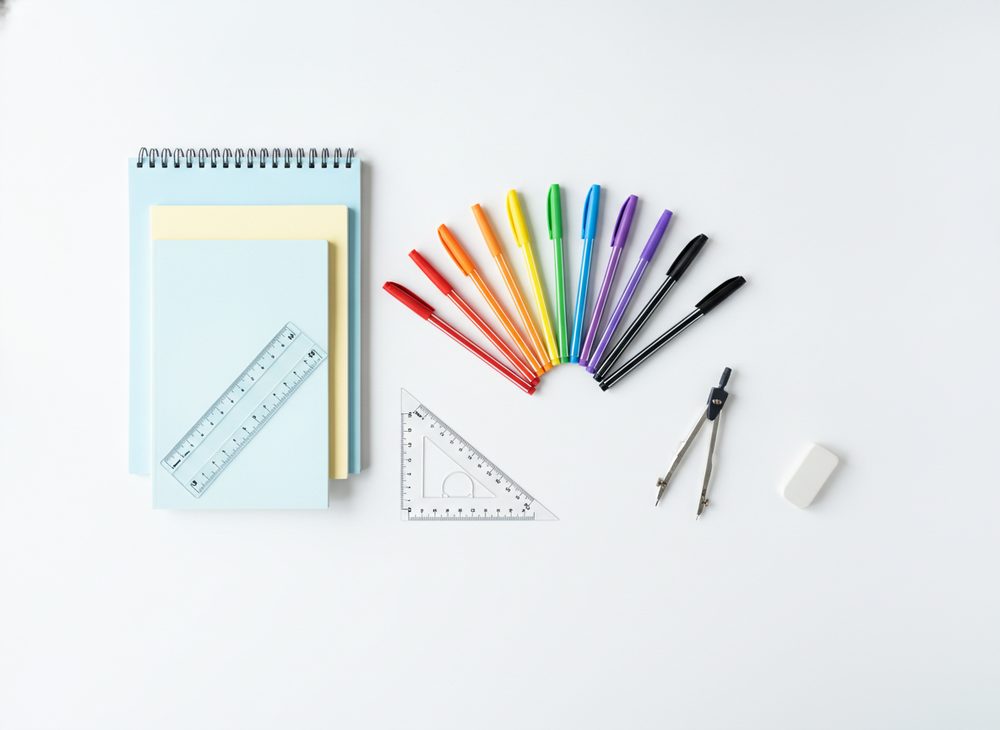 Fournitures scolaires disposées à plat : stylos colorés, cahiers, règle, équerres, compas et gomme