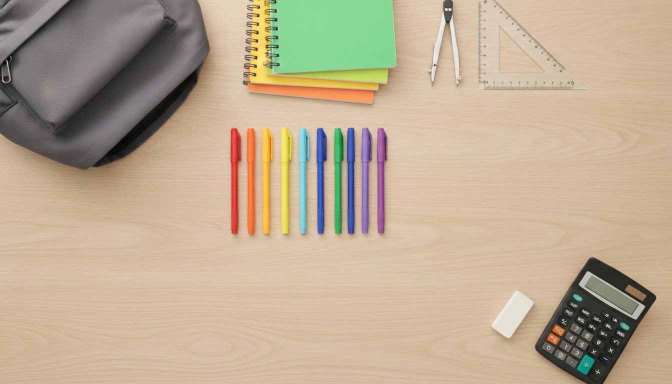 Fournitures de rentrée scolaire disposées sur un bureau : sac à dos, cahiers, stylos, matériel de géométrie et calculatrice